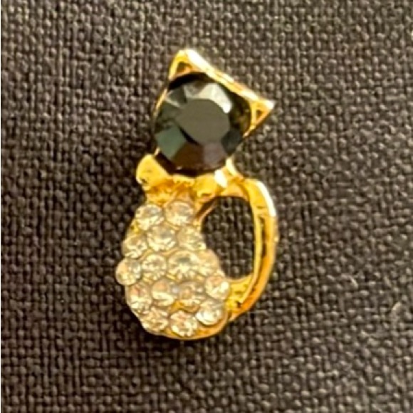 Adorable Cat Earrings - Gold Finish with Black Stone & Rhinestones - Picture 2 of 11